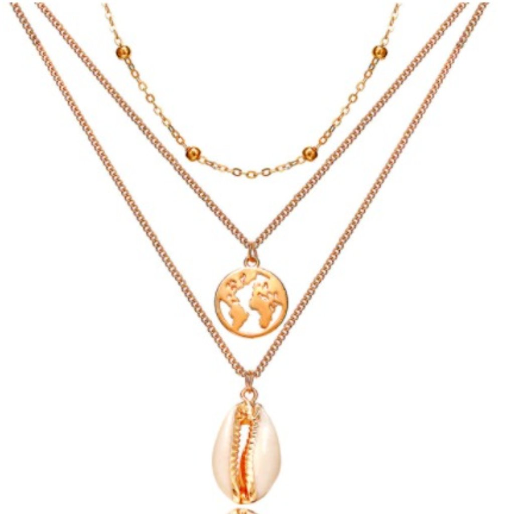 Shell Map Layered 3 Strand Gold Necklace